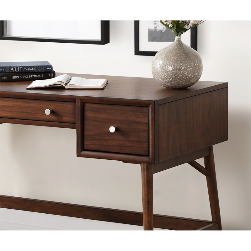 Table d'écriture à finition brune avec rangement à tiroirs et bureau moderne en nickel avec placage en noyer