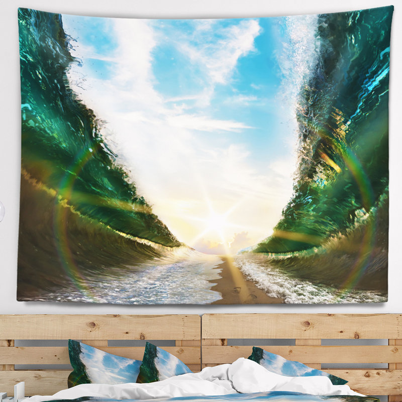 Paysage marin chemin de sable vers le soleil dans une tapisserie de mer séparée, H 50 po x l 60 po