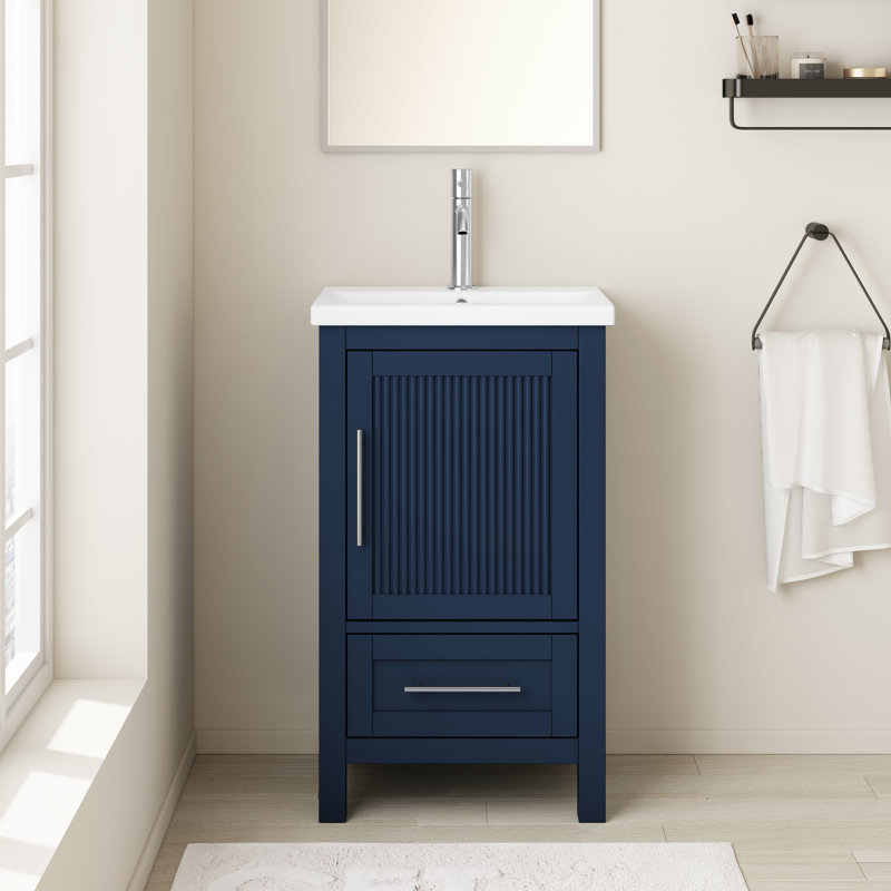 Morlane 20 po X P 16 po P 35 po Meuble-lavabo simple H en finition bleu marine avec plateau en céramique blanche, Bleu marine