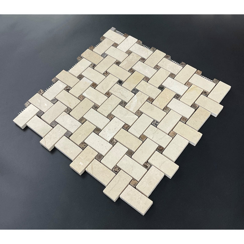 1" x 2" Marble Basketweave Mosaic Wall & Floor Tile, Cream Marfil / Dark Emperador