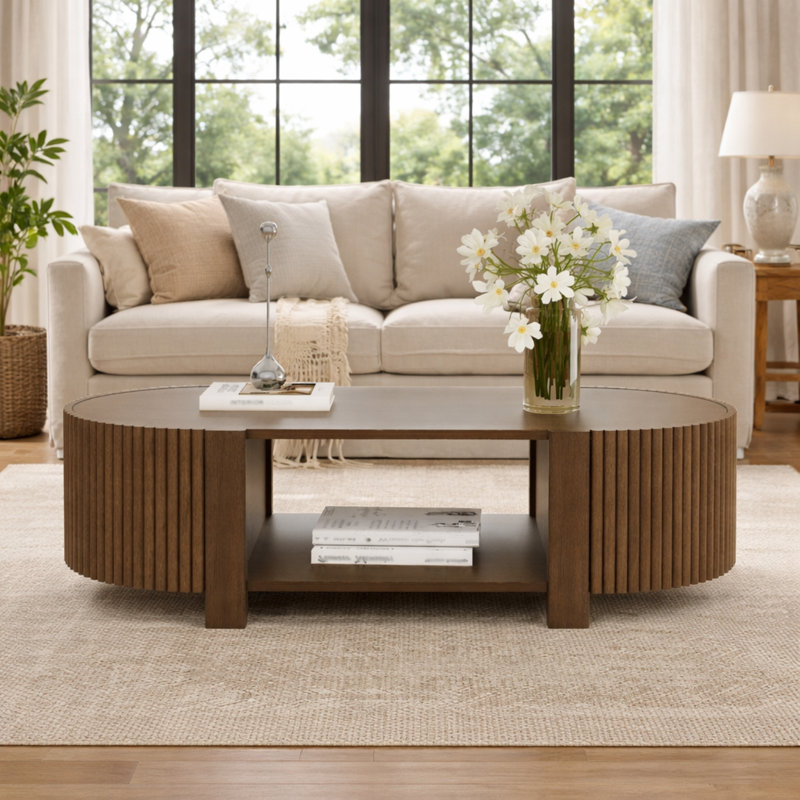 Table basse ovale en bois d'hévéa massif 47 "avec 1 tablette et 2 portes de rangement ouvertes, Noyer