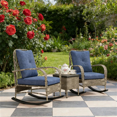 Ensemble de chaises berçantes d'extérieur 3 pièces, chaises berçantes en osier avec table d'appoint et coussins, gris