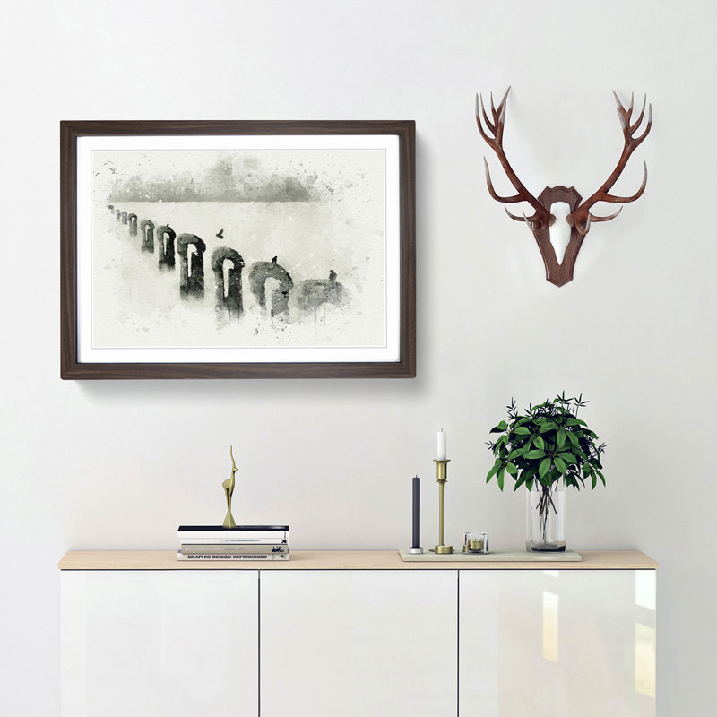 Perched Pigeons in Abstract - Picture Frame Graphic Art Print, 27cm H x 36cm W x 2cm D, Walnut Framed