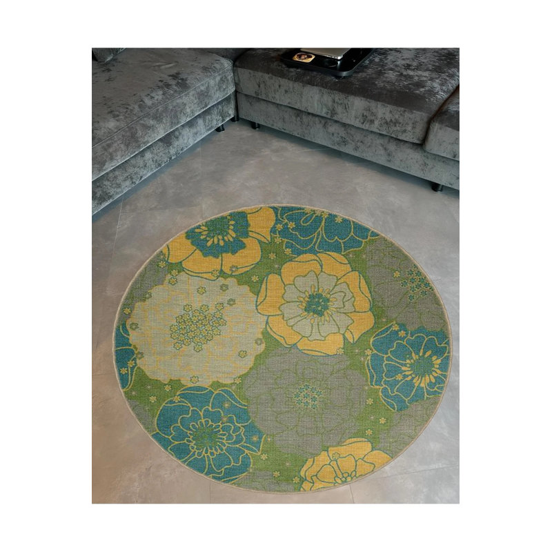 Tapis décoratif à motifs floraux dans des tons bleus et verts, Rond 2 pi 8 po