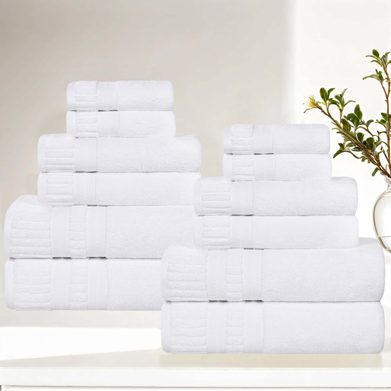 Venice Zero Twist Cotton Medium Weight Soft Absorbent Towel Set, White, 12 Piece Towel Set