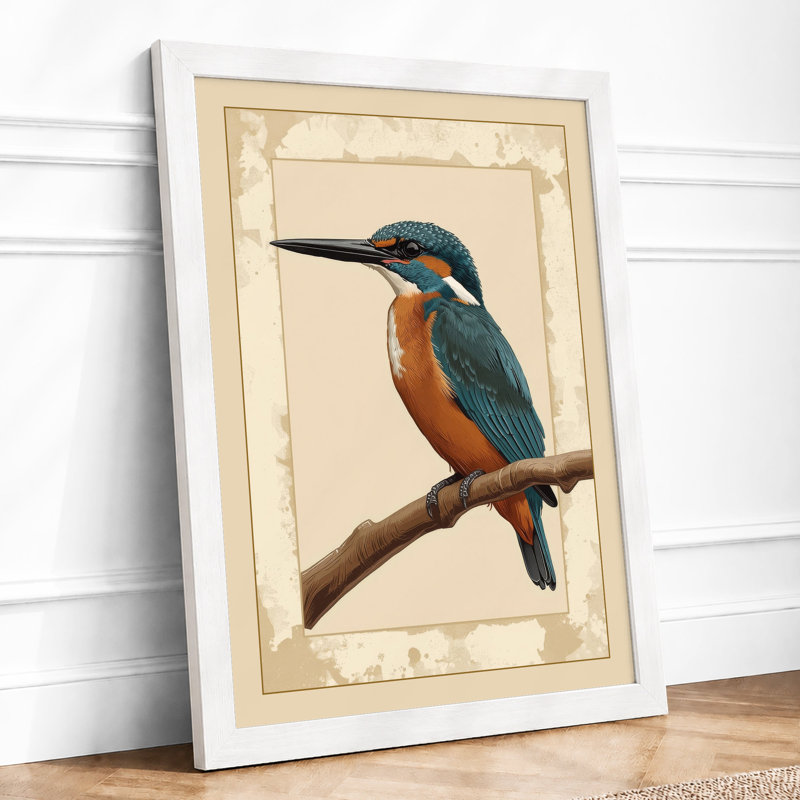Kingfisher on Branch Botanical - Framed Print, A4 - 29.7 x 21.0 cm, White