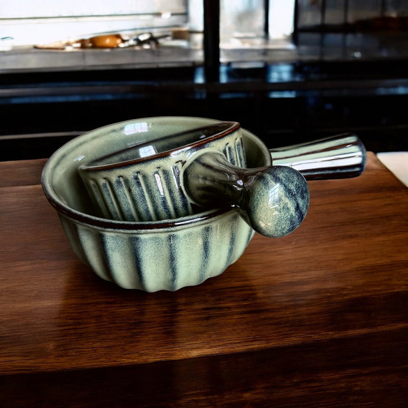 Blue Antique style Reactive Glaze Handled Bowls set of 2 small and large
