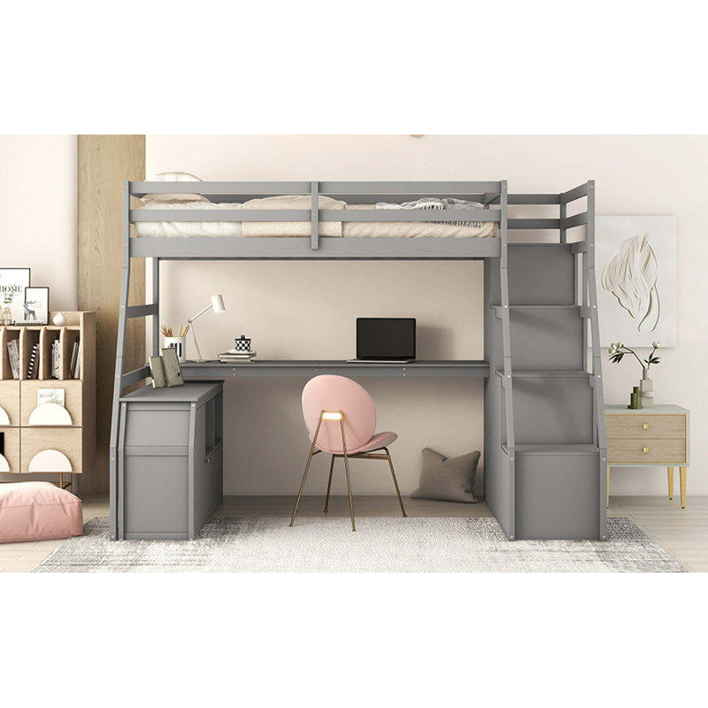 Lit mezzanine avec 7 tiroirs, 2 tablettes et un bureau, Gris