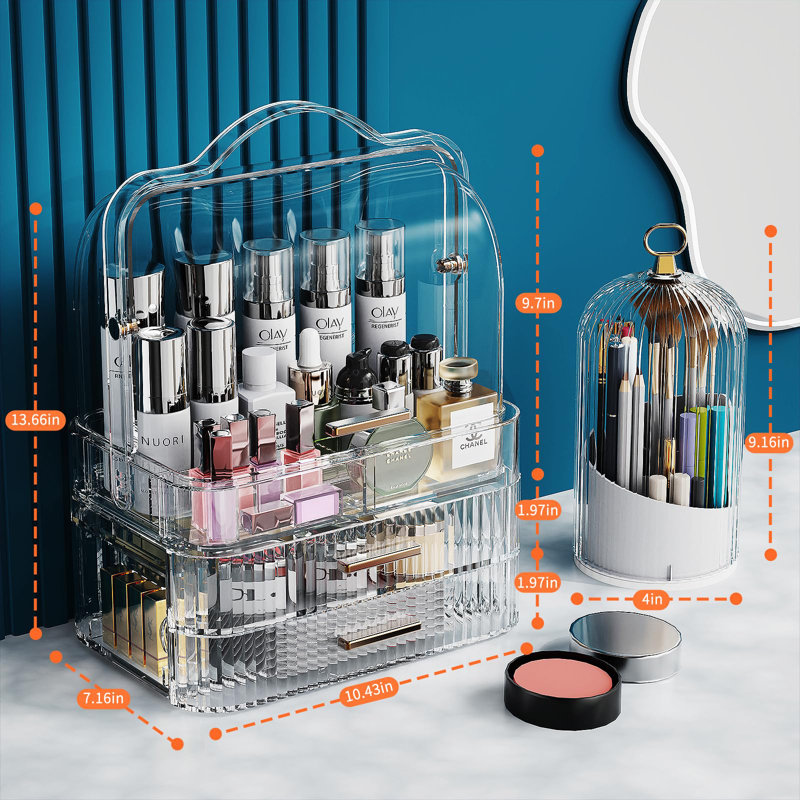 Orren Ellis Makeup Organizers Skincare Organizers With 2-Layer Box And Transparent Cover Waterproof Dustproof Cosmetics Display Cases With Brush Holder For Vanity Countertop Bathroom Dresser Bedroom(Clear)