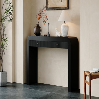 Rustic Console Table, Fluted Drawer Front, Curved Corners for Hallway - Black