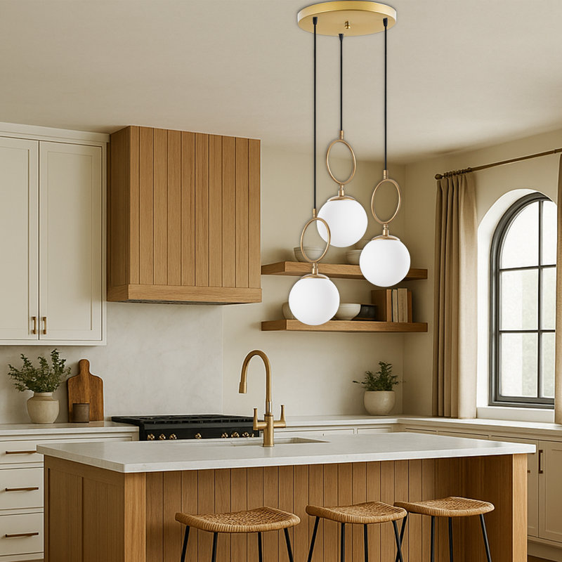 3 Lights Adjustable Height Metal Body Cluster Globe Pendant, Gold