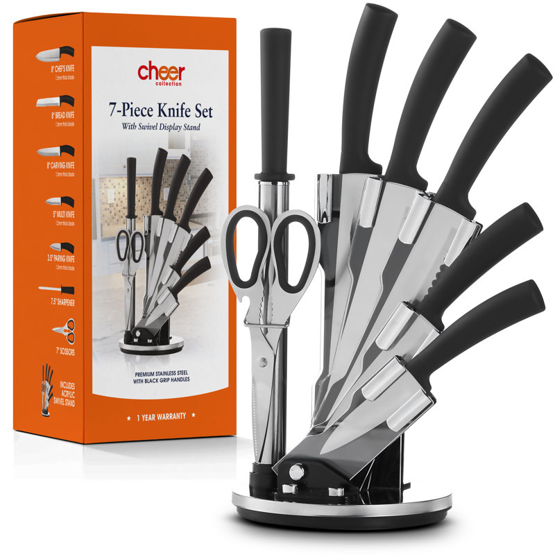 Cheer Collection 8 Piece Stainless Steel Kitchen Knife Set with Swivel Stand
