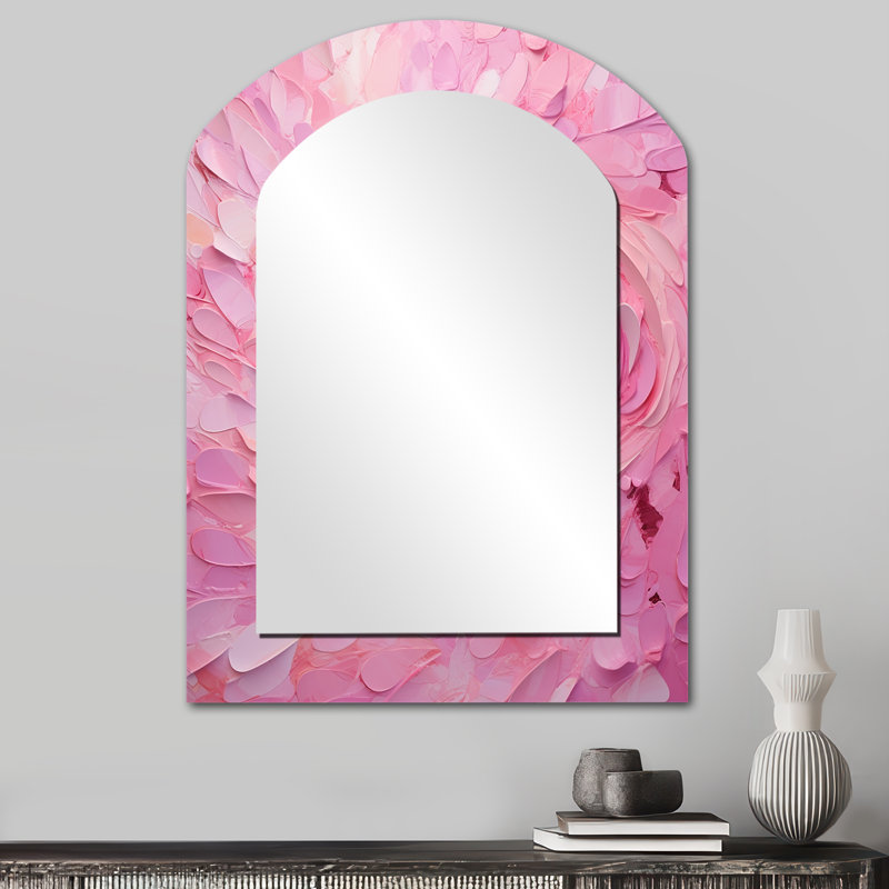 «Pink Radiant Revolution Spiral I», miroir asymétrique à spirales abstraites, miroir mural décoratif arche rose, impression sur métal