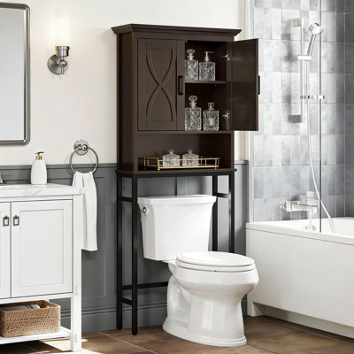 Over The Toilet Storage Cabinet With Adjustable Shelf And Open Storage, Space-Saving Bathroom Organizer For Above Toilet Organization