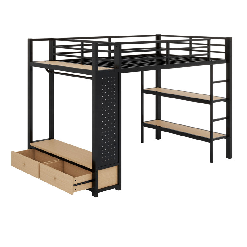 Structure de lit mezzanine avec garde-robe, lit mezzanine en métal avec tablettes de rangement et panneau perforé