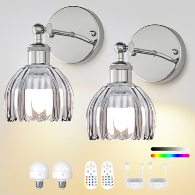 Battery Operated Tulip Wall Sconce Set Of 2 With Remote & Bulb, Dimmable Wireless Rechargeable Wall Lights (3 Color Temp & 12 Rgb) For Bedroom Living Room Hallway