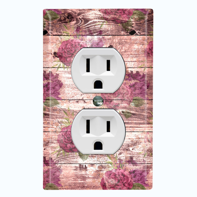 Metal Light Switch Plate Outlet Cover (Natural Wood Fence Rose Flower - Single Duplex)