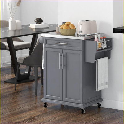 Kitchen Island on Wheels with Stainless Steel Countertop, Storage &amp; Racks | Slate Gray | Wood
