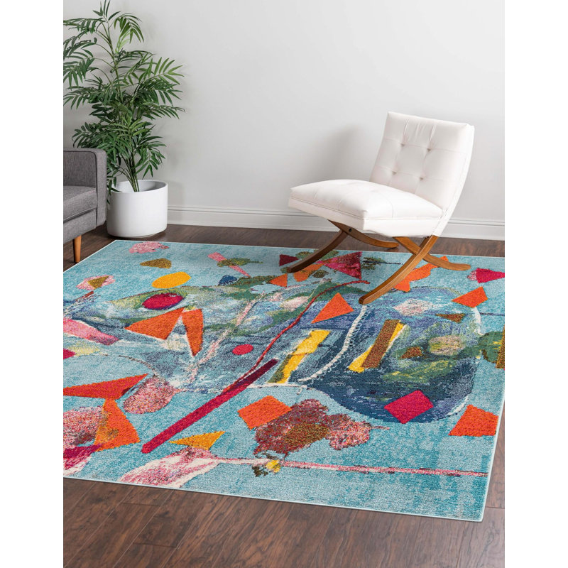 Tapis abstrait bleu / orange , Carré 7 pi 10 po