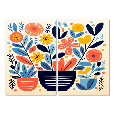 Vase bohémien jaune et bleu «Pottery Blooms I», art traditionnel sur toile, 2 pièces