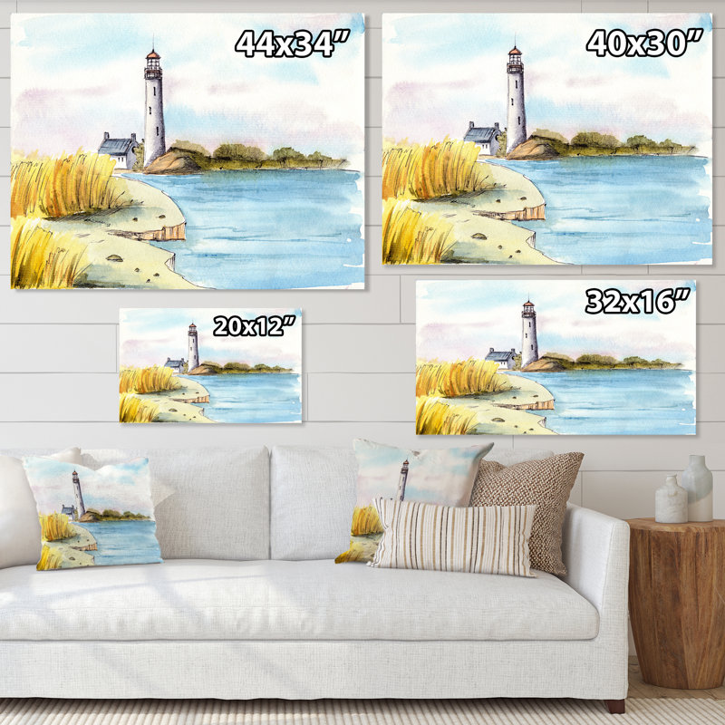 Phare sur un bord de mer lointain - Peinture sur toile, H 24 po x l 32 po, Toile tendue