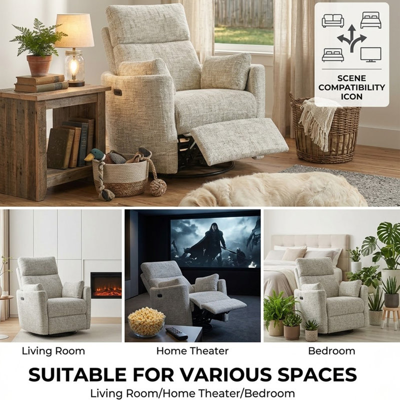Callendale Electric Power Swivel Rocker Recliner Chair With USB & Type-C Port, Cream-gray