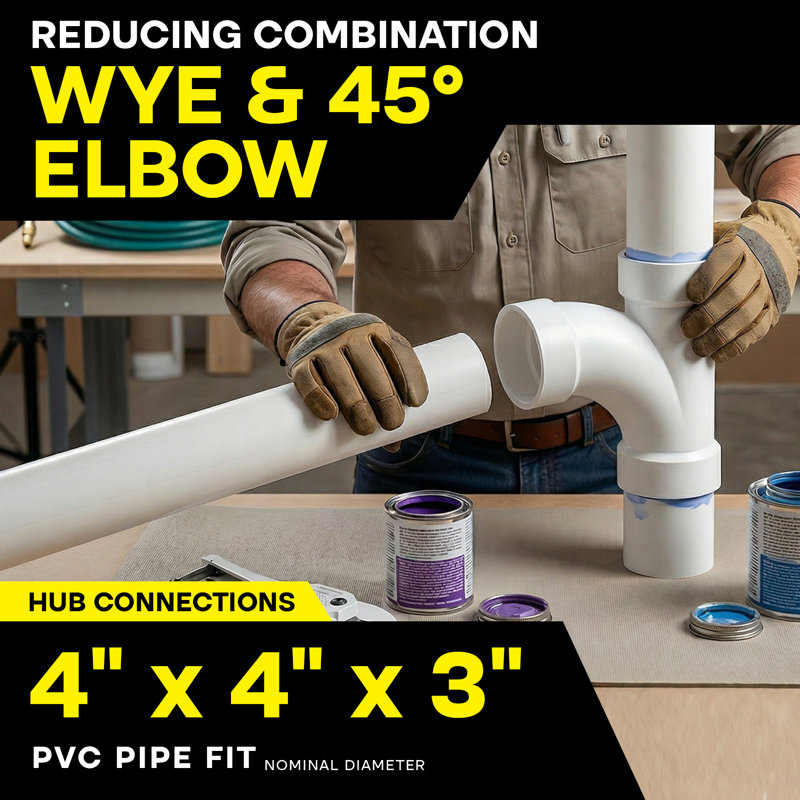 4" x 4" x 3" PVC DWV Combination Wye & 1/8 Bend 45° Elbow Reducing Hub, White PVC Drain, (6 Pack)