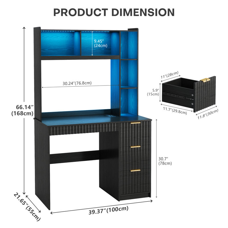 66''H Computer Desk with LED Huntch, Charging Station, Drawer Cabinet, Open Bookshelves for Home Office, Black