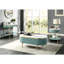 Console bleu sarcelle avec plateau en faux marbre blanc et pieds dorés, embouts en acier