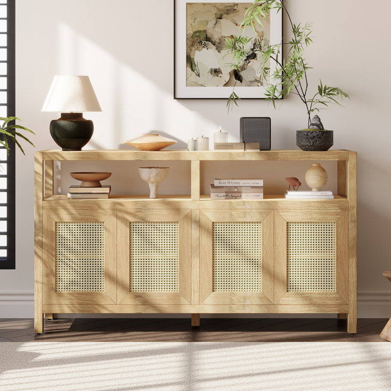 Buffet avec finition en placage de frêne, 3 tablettes adaptables, conception à ouverture par pression, placage en bois naturel utilitaire de salle à manger, 3 tablettes, aucune ouverture par pression, organisent la vie