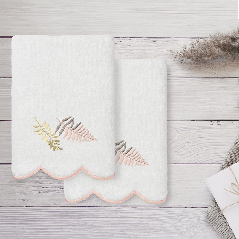  Ensemble de serviettes 100% coton festonné 100% coton FERN Toss, Blanc/vert, Ensemble de 2 essuie-mains