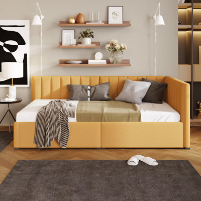 Lit tapissier avec 2 tiroirs de rangement, taille simple, lin, sans sommier, lit de jour à ressorts requis, rangement,