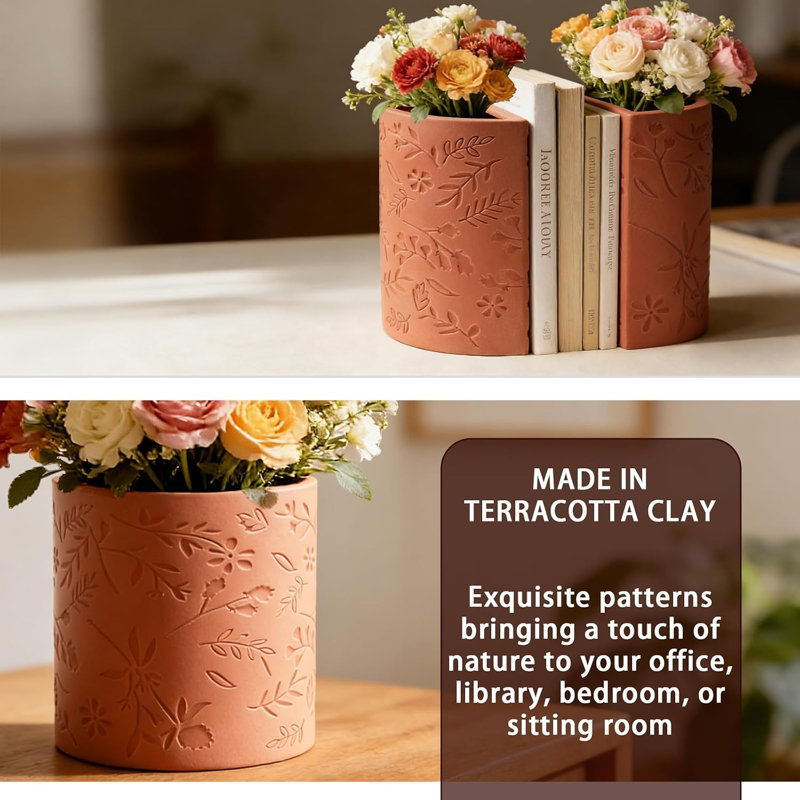 Decorative Bookends, Terracotta Flower Pot Book Ends