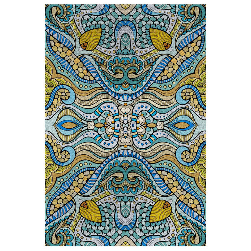 Florest Collection Digital Print Cotton-Polyester Blue Floral Rug, Rectangle 6'7" x 8'3"
