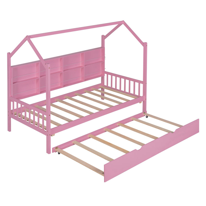 Spahr Noria Wooden Size House Bed with Trundle, Kids Bed with Shelf, Twin, White