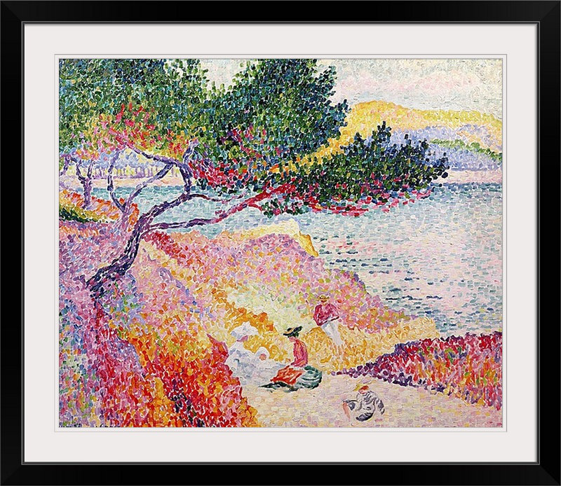 « la plage de saint-clair » par henri edmond, H 27 po x l 32 po x P 1 po, Cadre noir