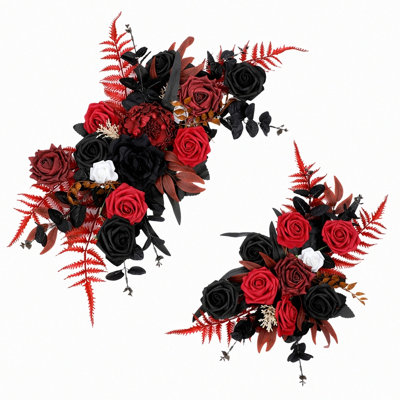 Ensemble de guirlandes florales artificielles rouges et noires, grande et petite arche de roses artificielles avec verdure, fausses fleurs d'angle pour décoration de table, mur ou décor de cérémonie de mariage