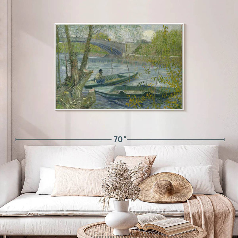 Pêche au printemps, 43 po x 29 po, Cadre flottant blanc