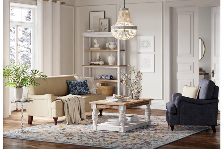 French country style living room with blue and beige accents