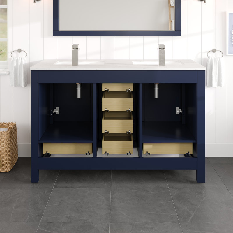 London 54" Blue Solid Wood Double Sink Bathroom Vanity with Quartz Top