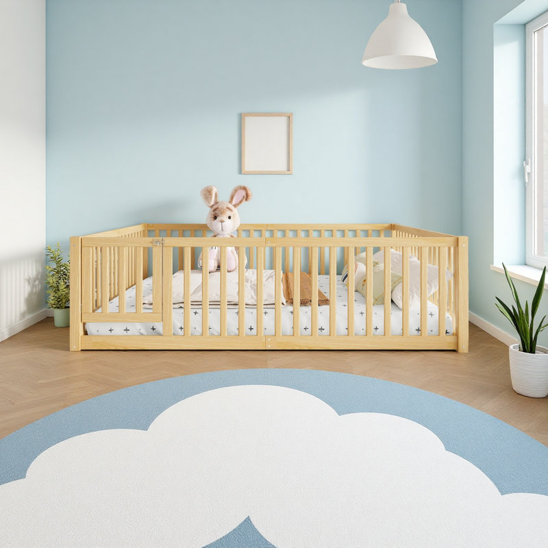 Lit facile à assembler adapté aux enfants avec garde-corps et porte pour enfants, Lit simple, Naturel