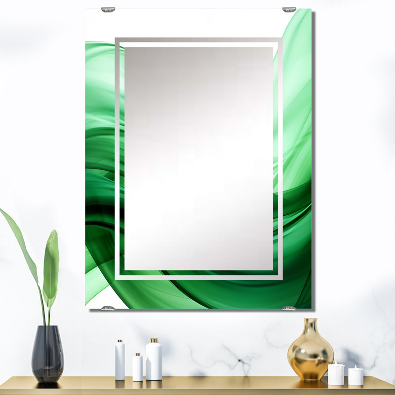 Vert et blanc Fractal Waves III - Grand miroir mural fractal abstrait MIR137710, 40 po x 30 po