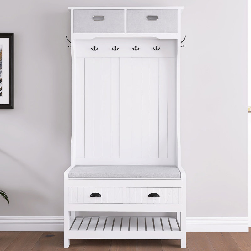 69 In. Black MDF Hall Tree With 6 Hooks And Hinged Lid, Blanc