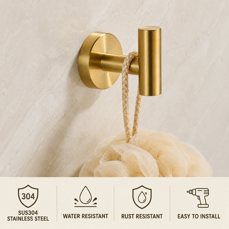 Wall Mounted Towel Hooks Bathroom Towel Hooks, Brushed Gold, 4