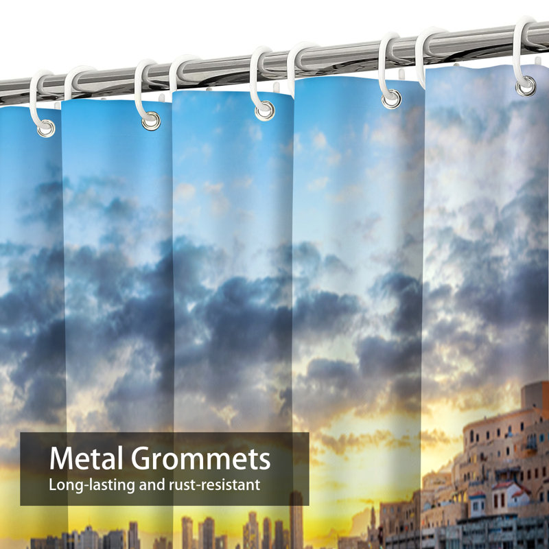Old Town Modern Skyline Mediterranean Sunrise Shower Curtain with 12 Hooks, 84" L x 72" W