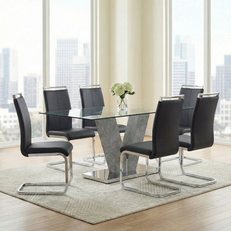 7-Piece Modern 71" Rectangular Tempered Glass Pedestal Dining Set with Faux Leather Cantilever Chairs, Black/Chrome