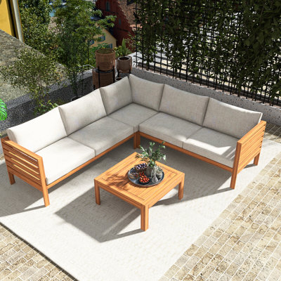 Ensemble de canapé d'extérieur à structure en bois avec coussins beige | Acacia de haute qualité | Texture exotique résistante à l'eau et aux rayons UV | Accessoire en bois et métal | Bois d'acacia et polyester