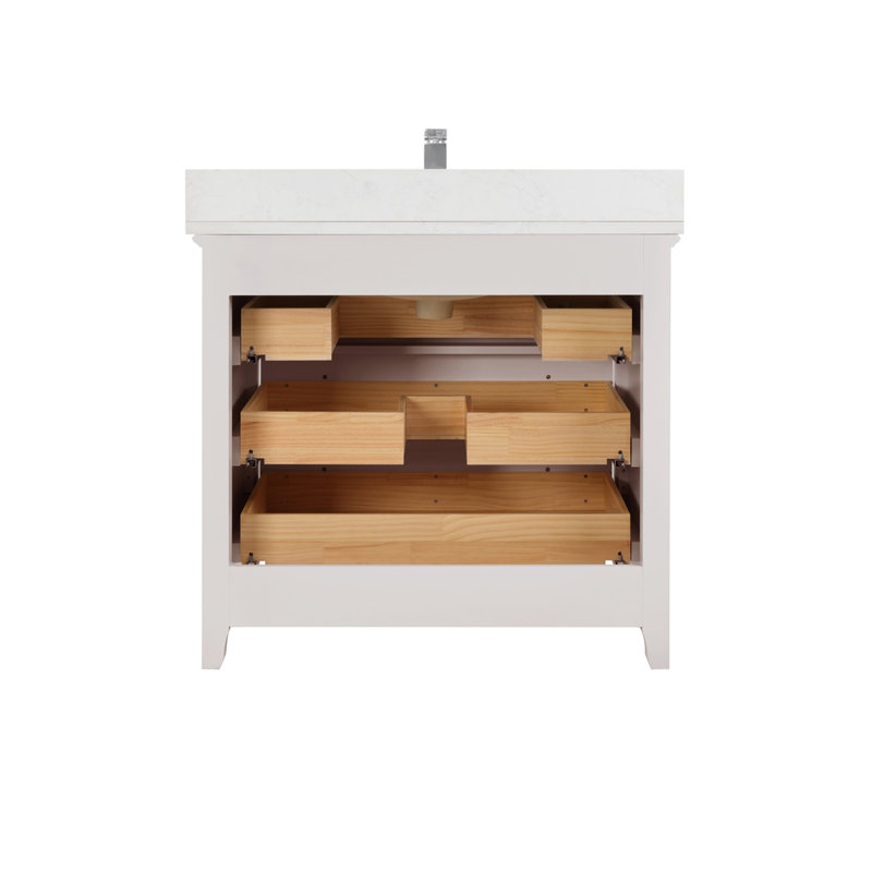 36" Solid Wood Bathroom Vanity with 1" Engineered Marble Top, Single Sink, Dreamy White