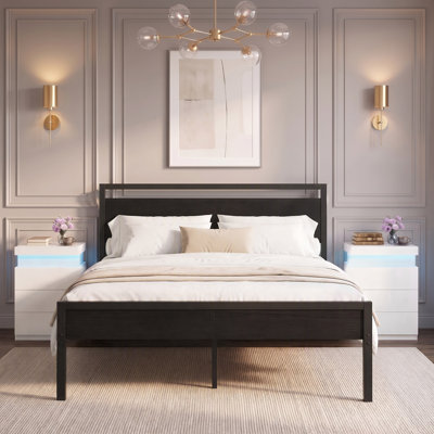 Bedroom Furniture Set, Metal Platform Bed Frame with 2 LED Charging Nightstands