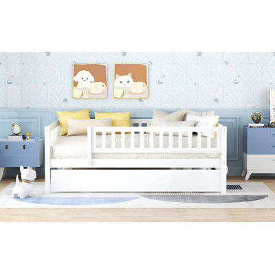 Wood Daybed With Trundle And Fence Guardrails